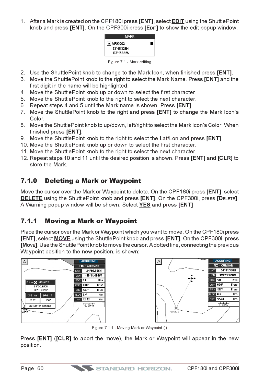 Standard Horizon CPF180I, CPF300I owner manual Deleting a Mark or Waypoint, Moving a Mark or Waypoint 