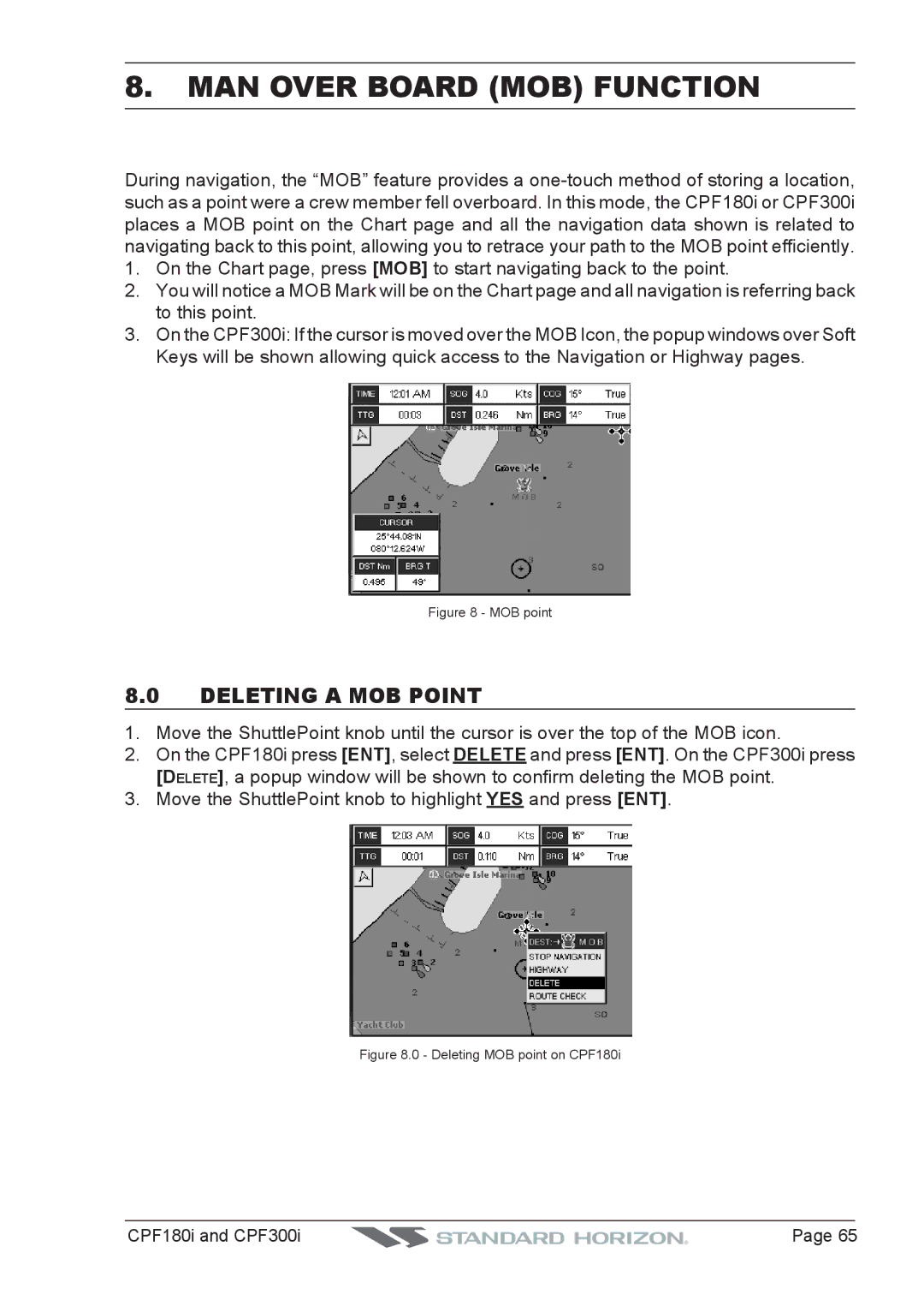 Standard Horizon CPF300I, CPF180I owner manual MAN Over Board MOB Function, Deleting a MOB Point 