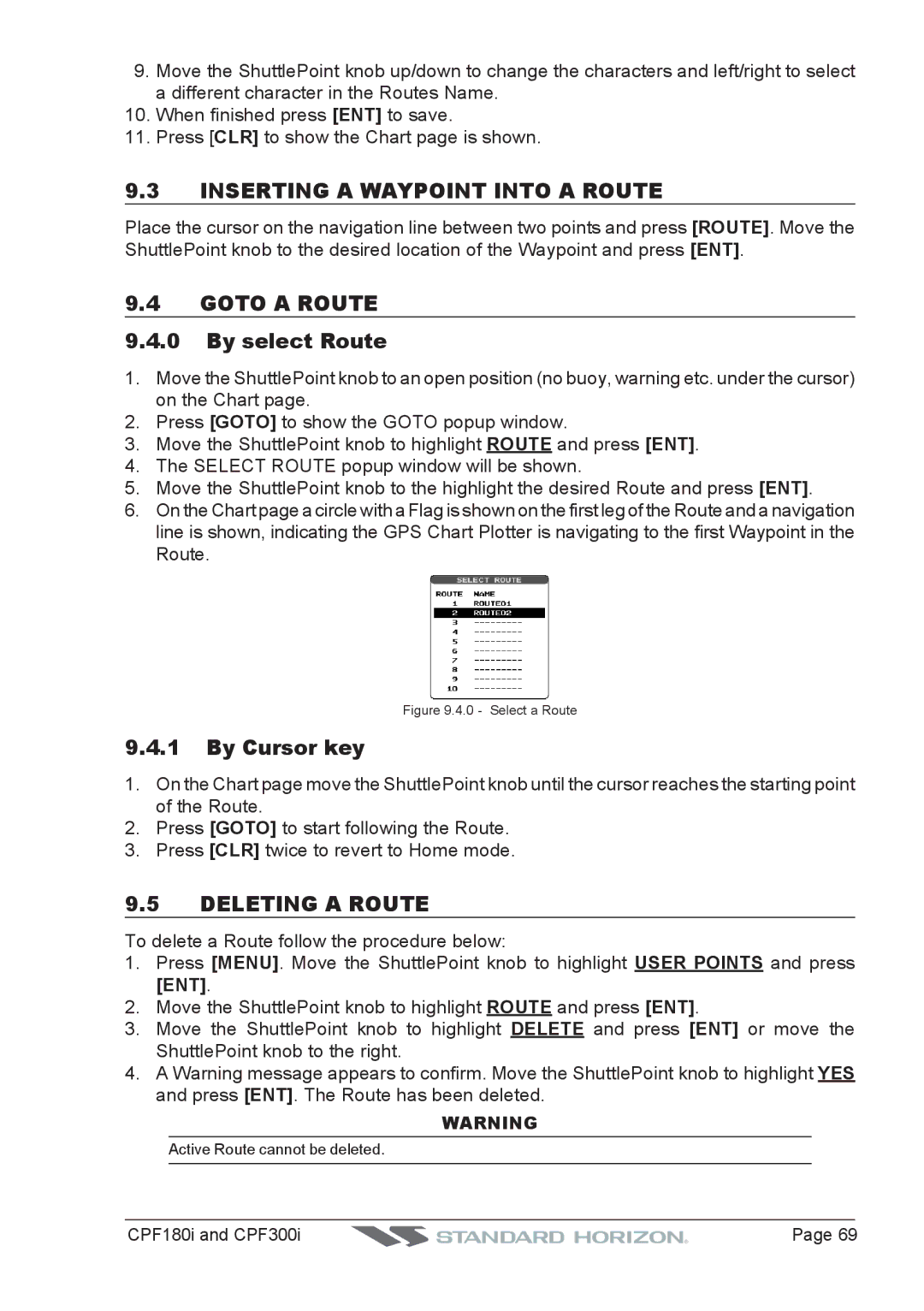 Standard Horizon CPF300I Inserting a Waypoint Into a Route, Goto a Route, By select Route, By Cursor key, Deleting a Route 