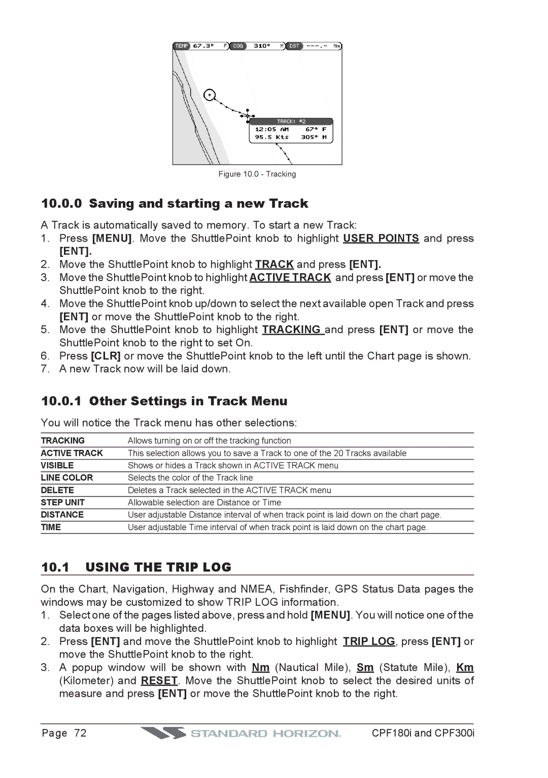 Standard Horizon CPF180I, CPF300I Saving and starting a new Track, Other Settings in Track Menu, Using the Trip LOG, Ent 