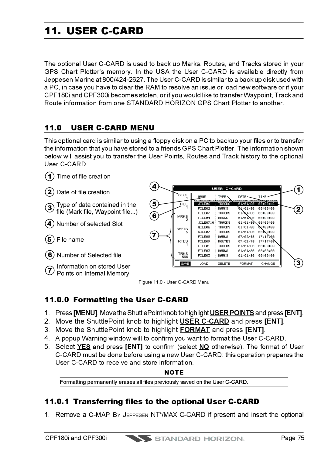 Standard Horizon CPF300I User C-CARD Menu, Formatting the User C-CARD, Transferring files to the optional User C-CARD 