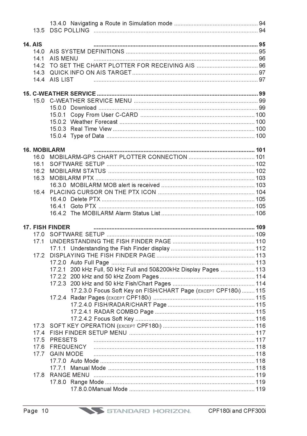 Standard Horizon CPF180I, CPF300I owner manual Ais, Mobilarm, 101, Fish Finder, 109 