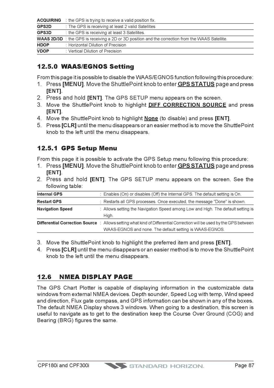 Standard Horizon CPF300I, CPF180I owner manual WAAS/EGNOS Setting, GPS Setup Menu, Nmea Display 