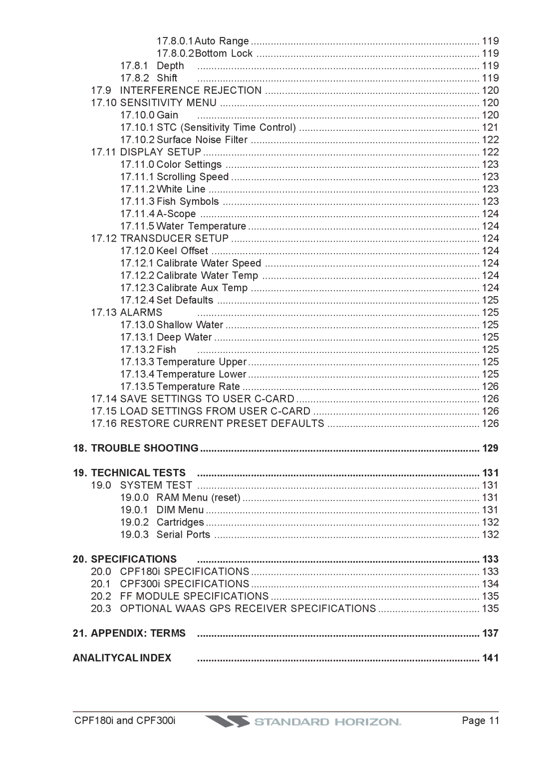 Standard Horizon CPF300I, CPF180I owner manual Technical Tests, Specifications, Appendix Terms, Analitycal Index 