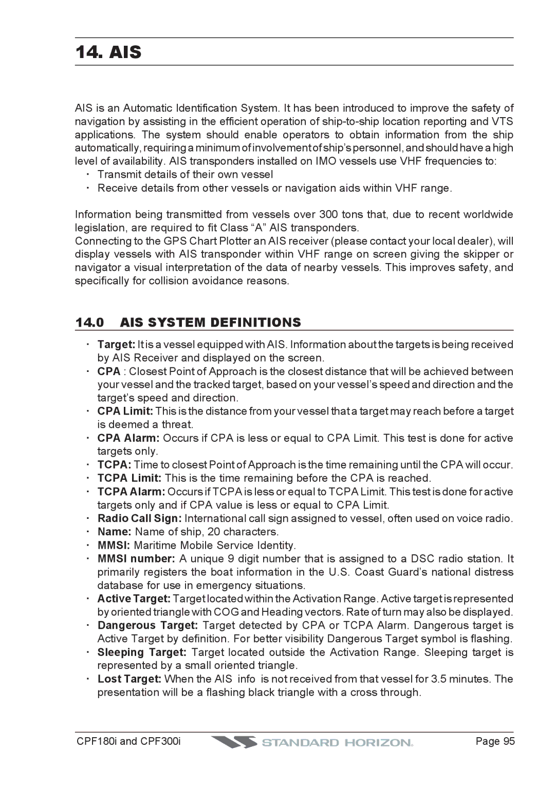 Standard Horizon CPF300I, CPF180I owner manual Ais, AIS System Definitions 