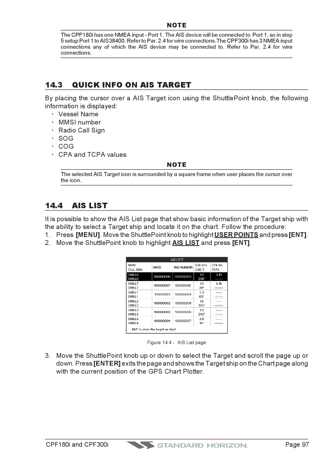 Standard Horizon CPF300I, CPF180I owner manual Quick Info on AIS Target, AIS List, · Sog · Cog 