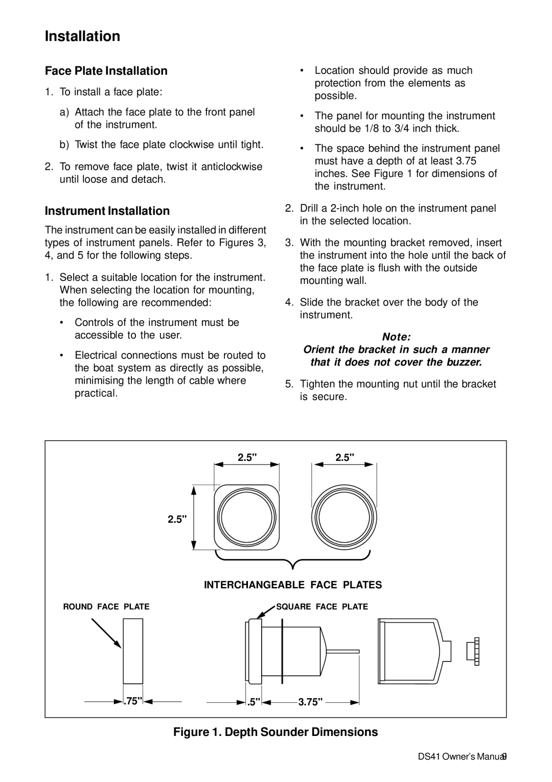 Standard Horizon DS41 owner manual Face Plate Installation, Instrument Installation 