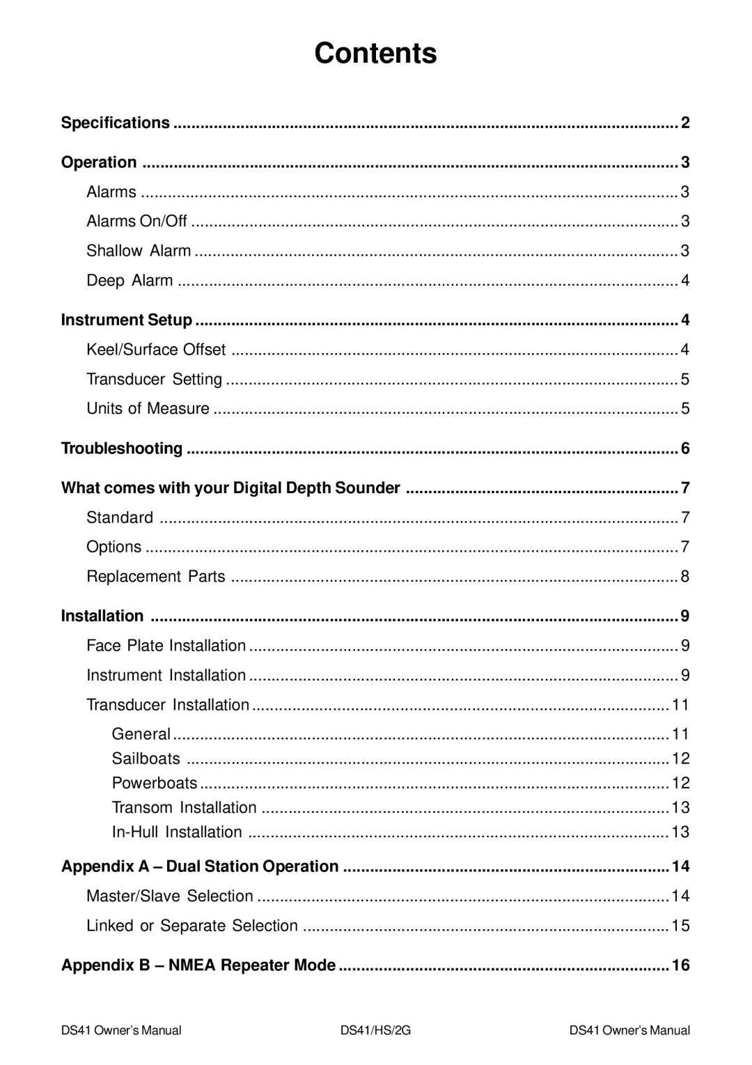 Standard Horizon DS41 owner manual Contents 