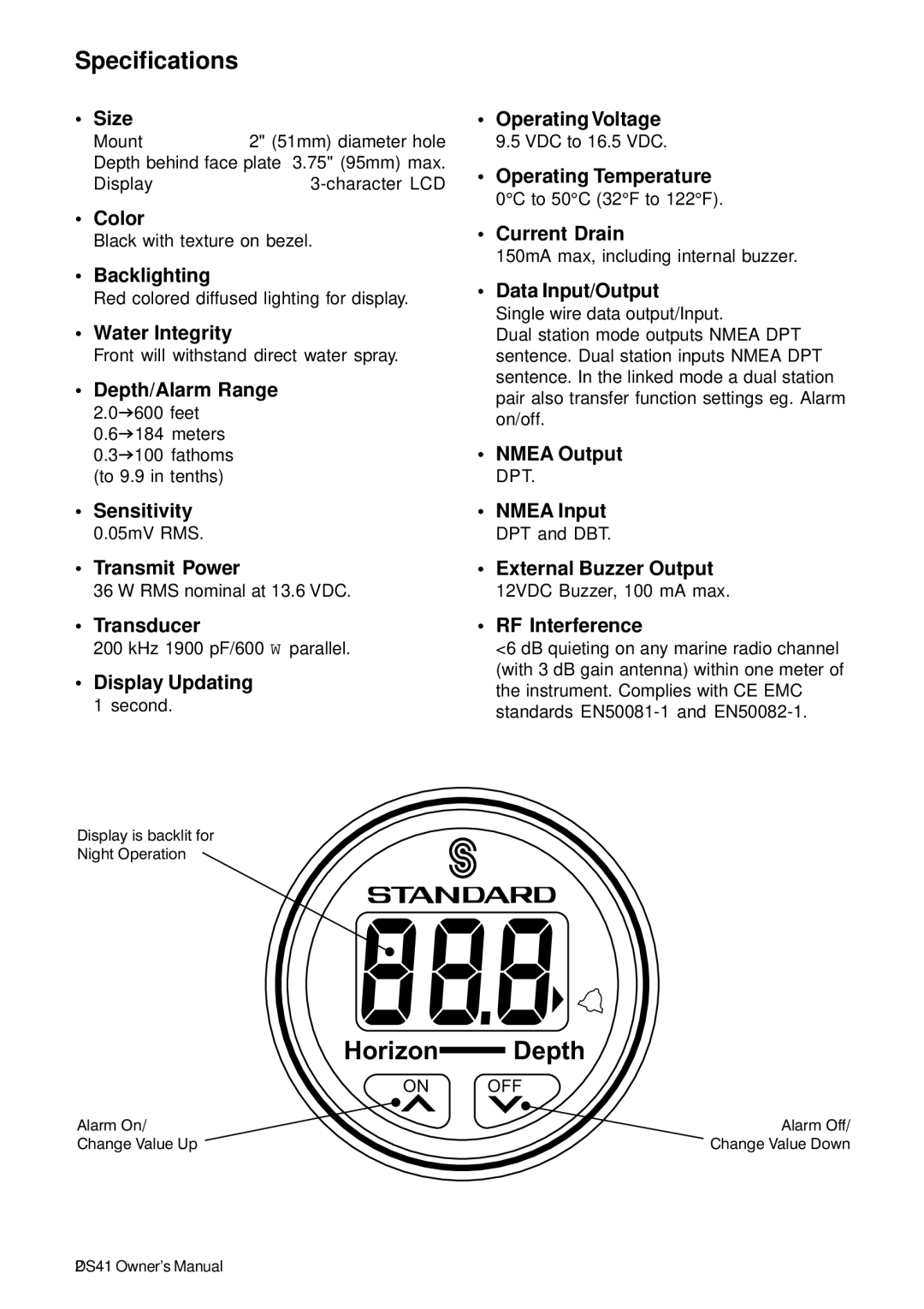 Standard Horizon DS41 owner manual Specifications 