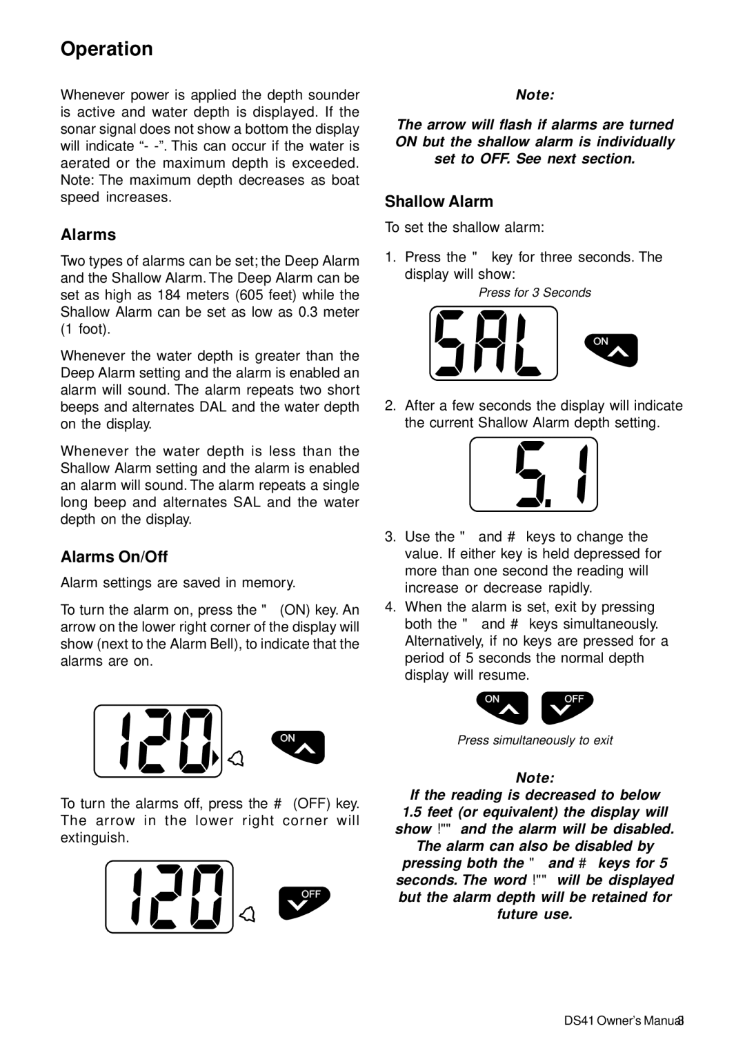 Standard Horizon DS41 owner manual Operation, Alarms On/Off, Shallow Alarm 