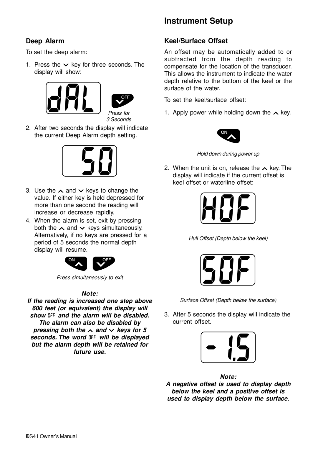 Standard Horizon DS41 owner manual Instrument Setup, Deep Alarm, Keel/Surface Offset 