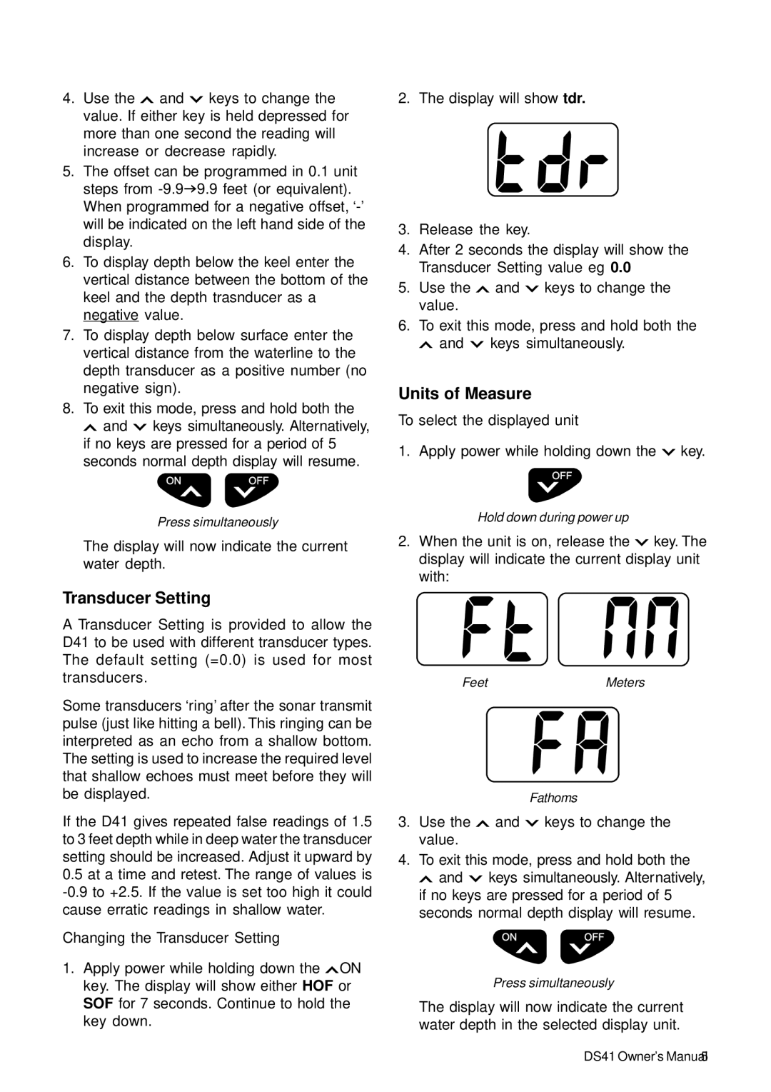 Standard Horizon DS41 owner manual Transducer Setting, Units of Measure 