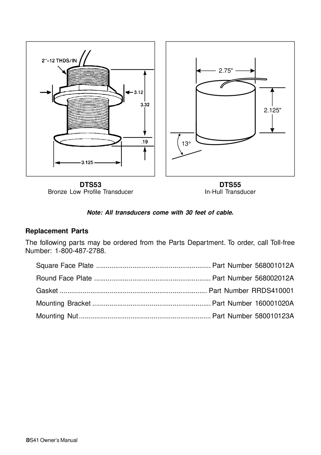 Standard Horizon DS41 owner manual DTS55, Replacement Parts 