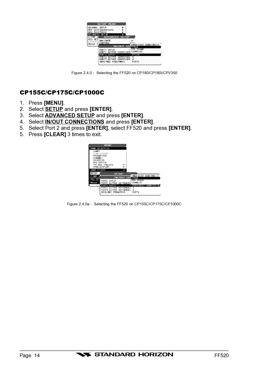 Standard Horizon Ff520 owner manual CP155C/CP175C/CP1000C, Selecting the FF520 on CP180/CP180i/CPV350 