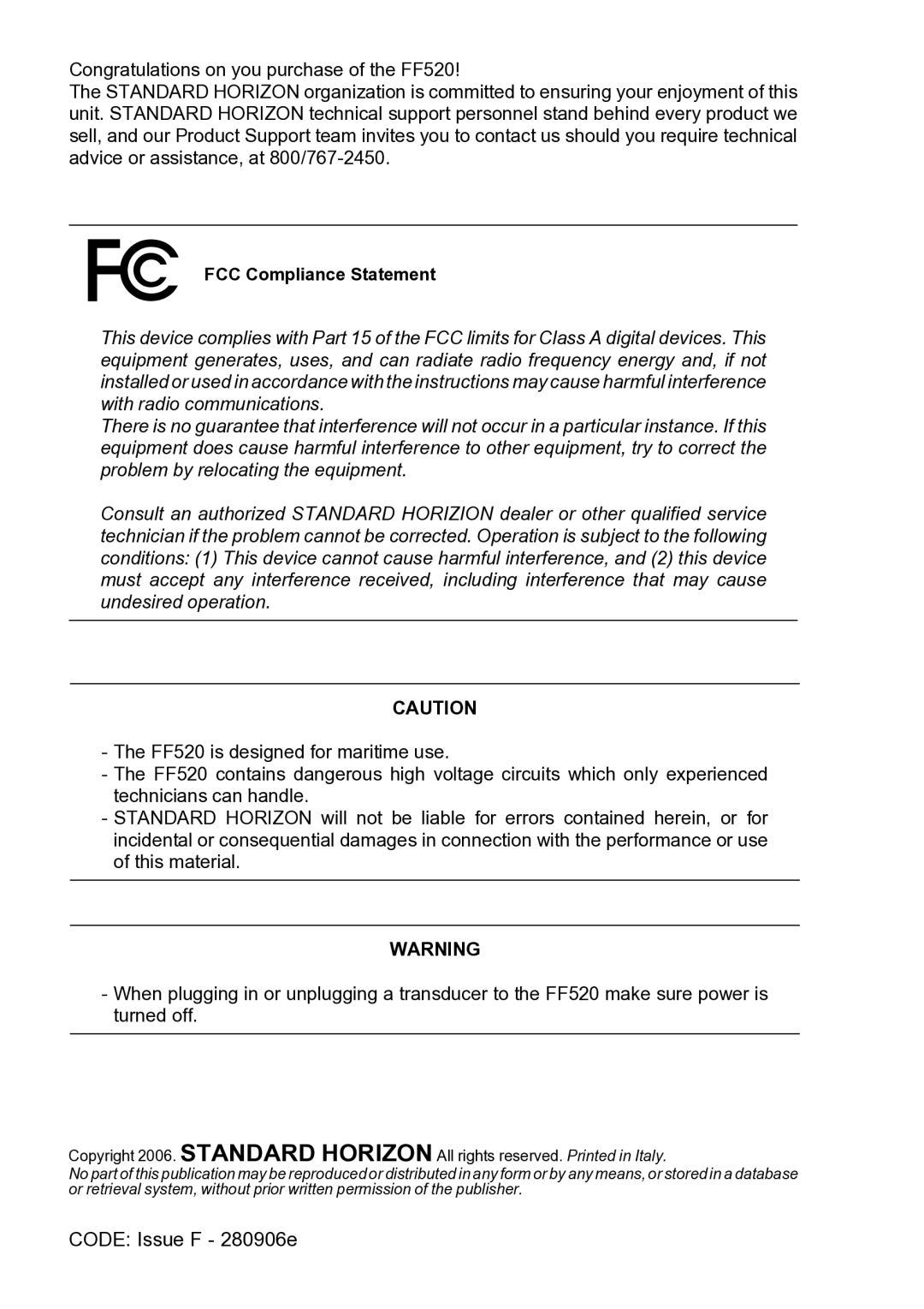 Standard Horizon Ff520 owner manual FCC Compliance Statement 