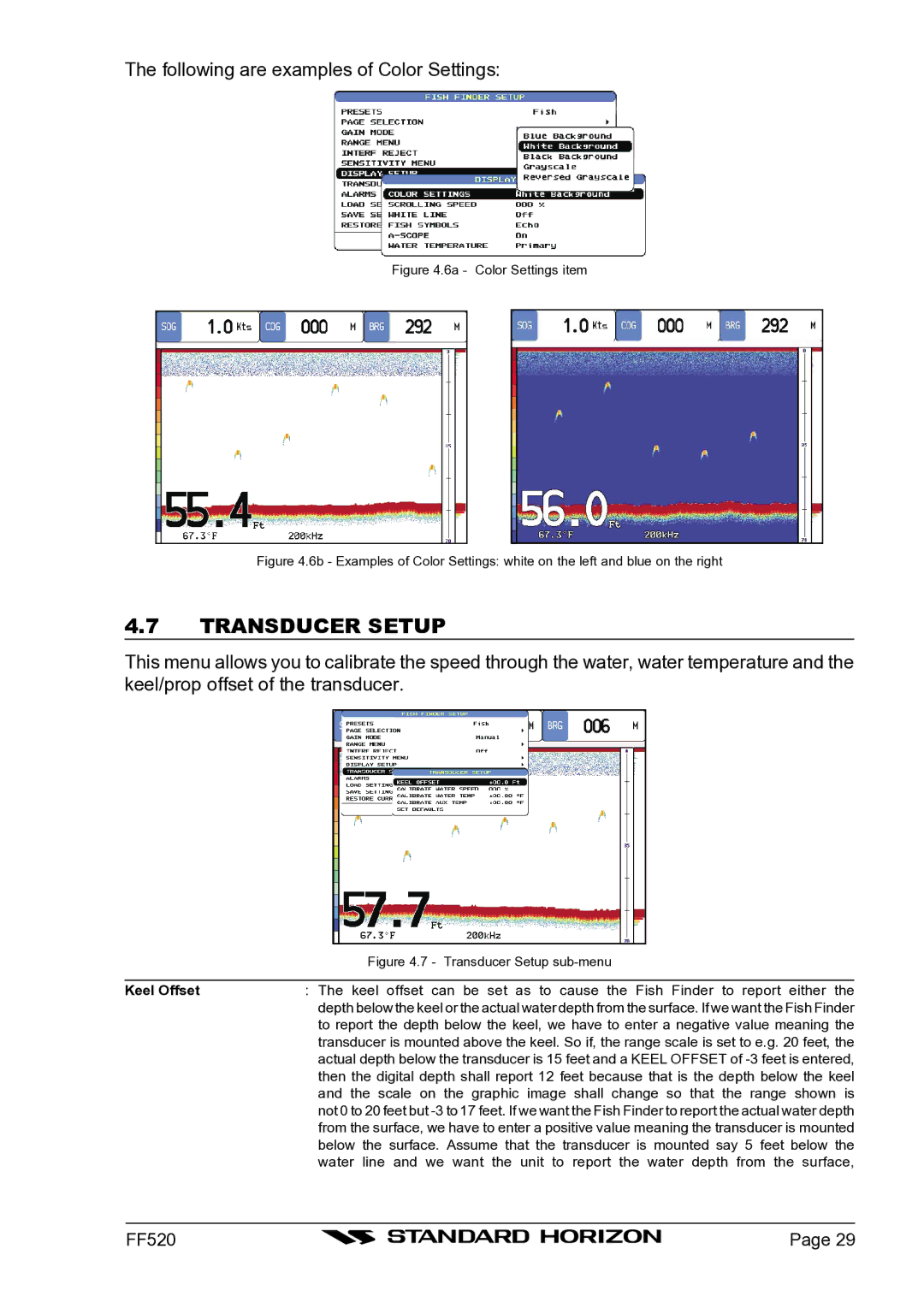 Standard Horizon Ff520 owner manual Transducer Setup, Keel Offset 