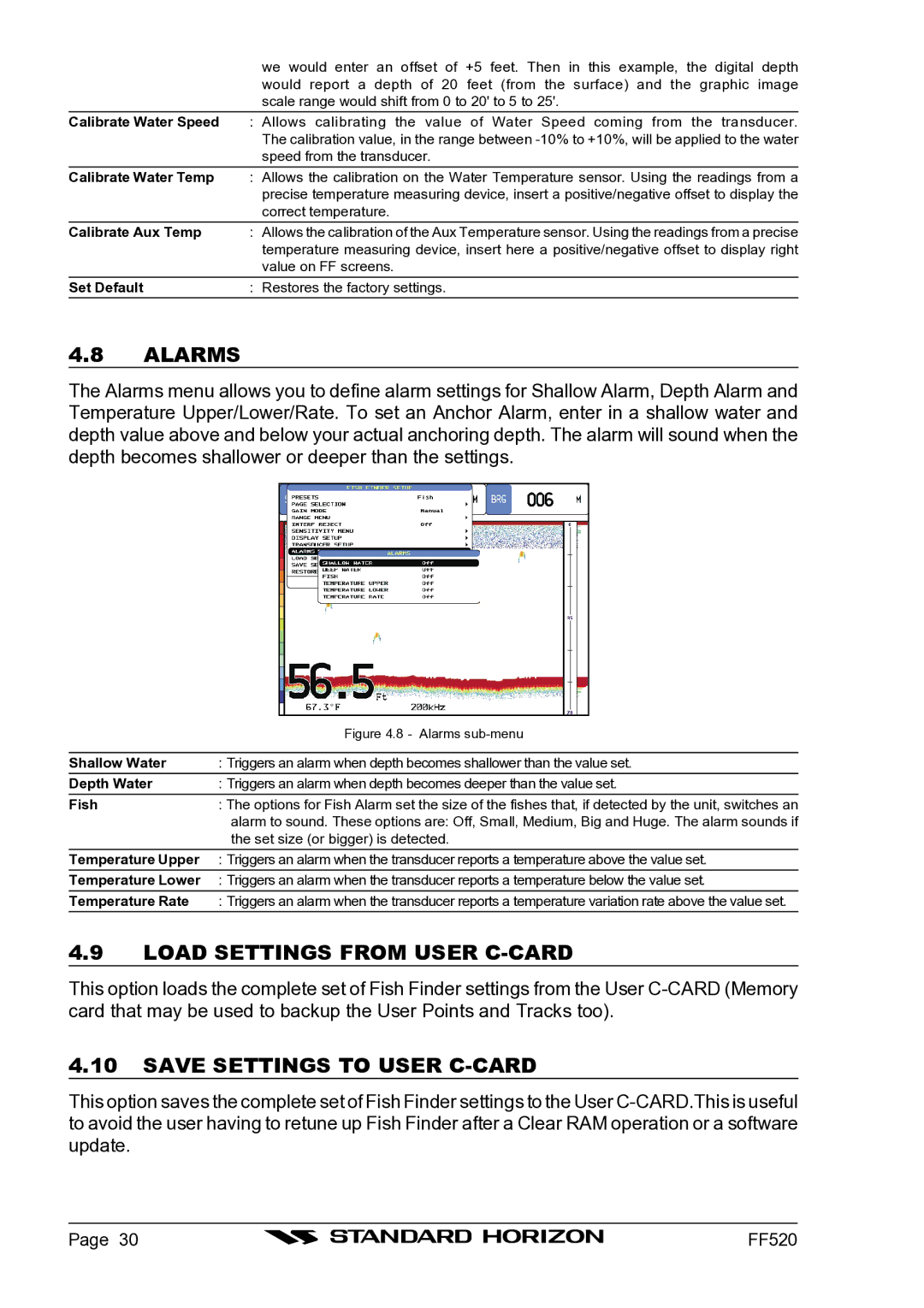 Standard Horizon Ff520 owner manual Alarms, Load Settings from User C-CARD, Save Settings to User C-CARD 