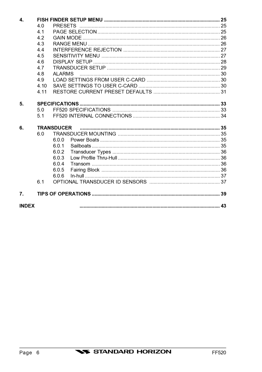 Standard Horizon Ff520 owner manual Index 