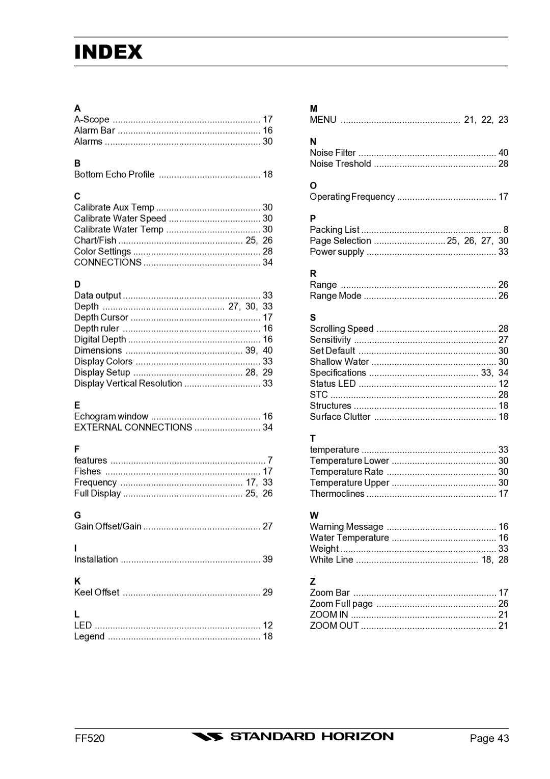 Standard Horizon Ff520 owner manual Index, 27, 30 