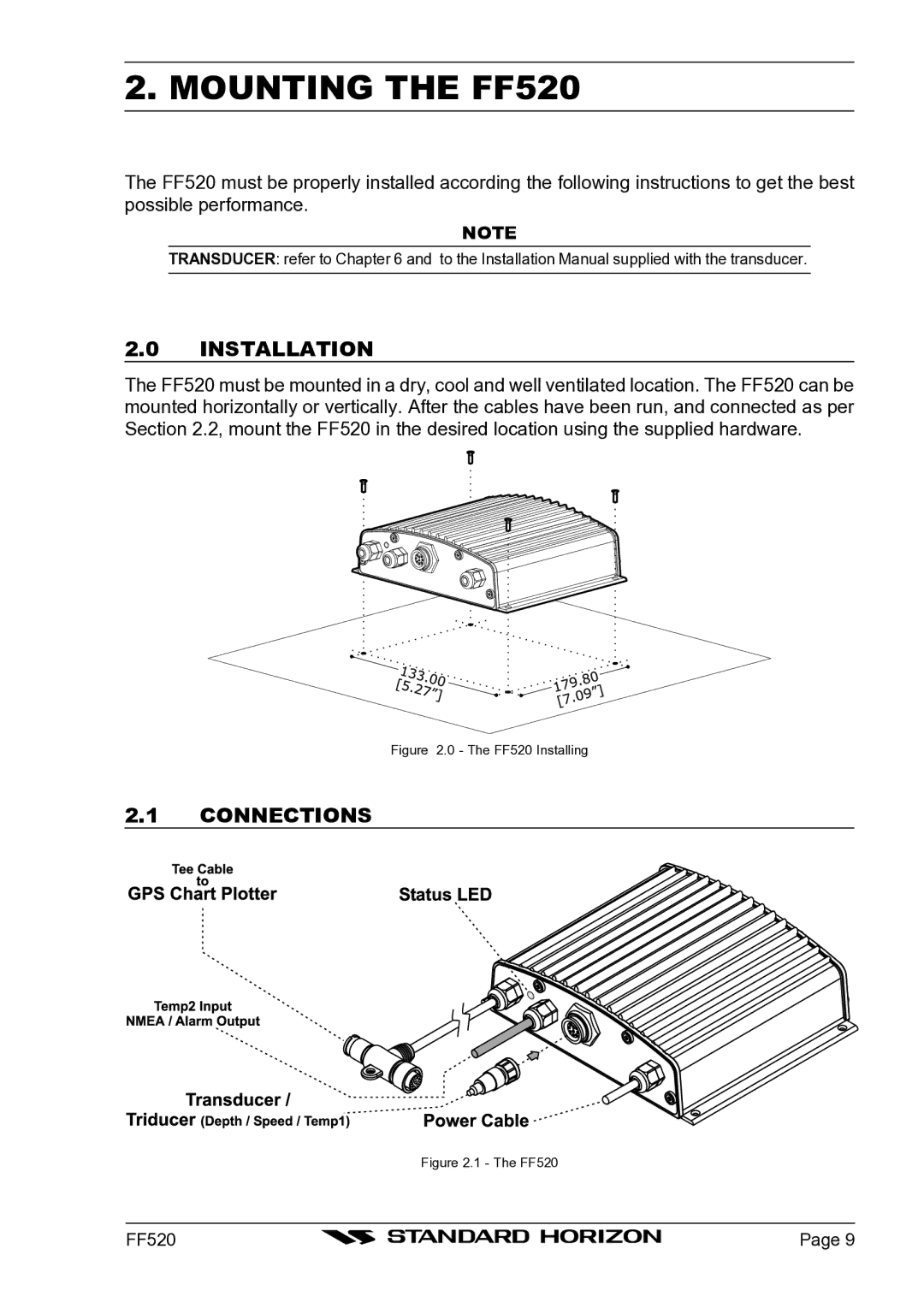 Standard Horizon Ff520 owner manual Mounting the FF520, Installation, Connections 