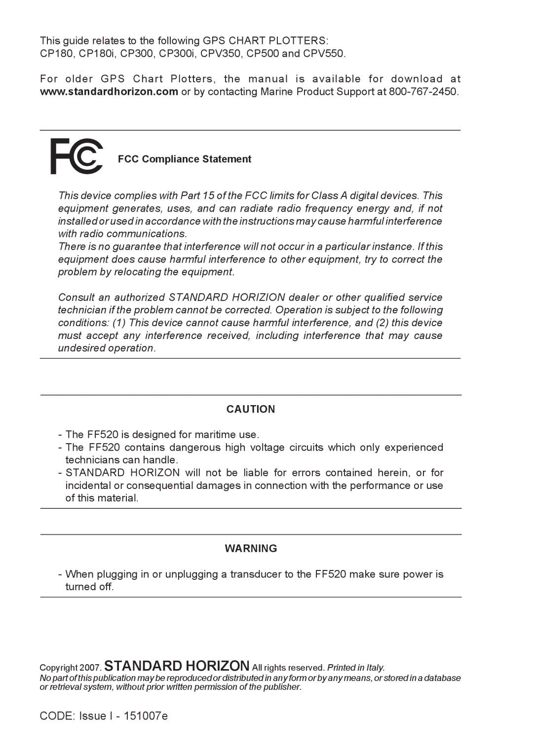 Standard Horizon Ff520 installation and operation guide FCC Compliance Statement 