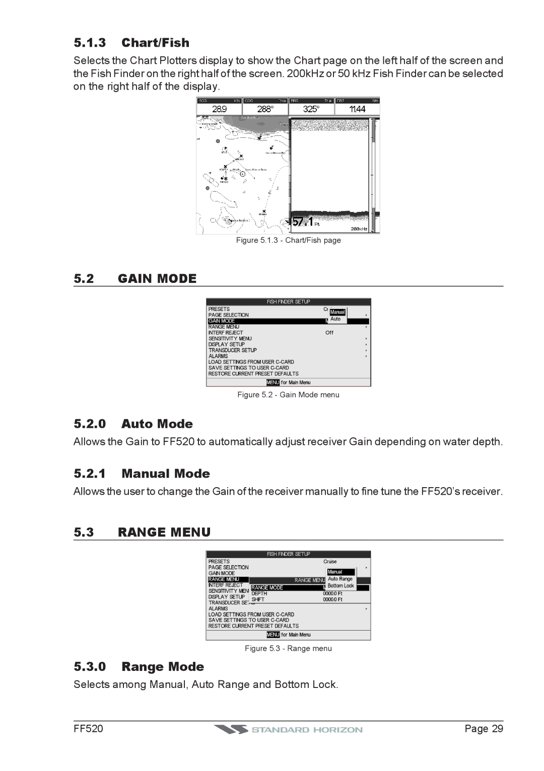 Standard Horizon Ff520 installation and operation guide Gain Mode, Range Menu 