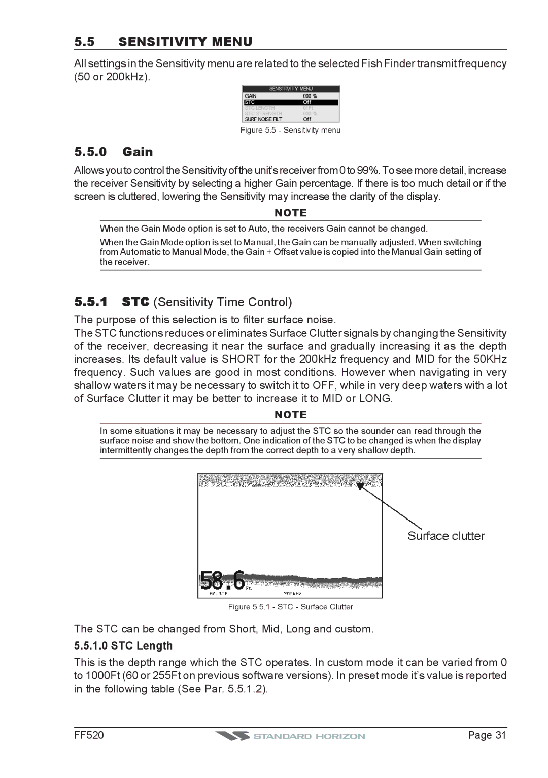 Standard Horizon Ff520 installation and operation guide Sensitivity Menu, Gain, STC Length 