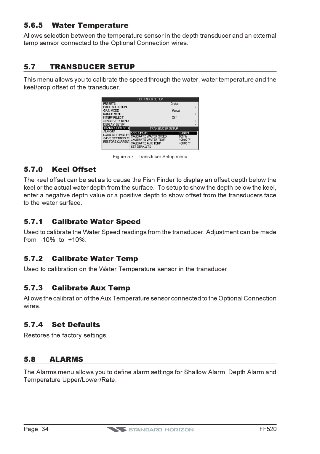 Standard Horizon Ff520 installation and operation guide Transducer Setup, Alarms 