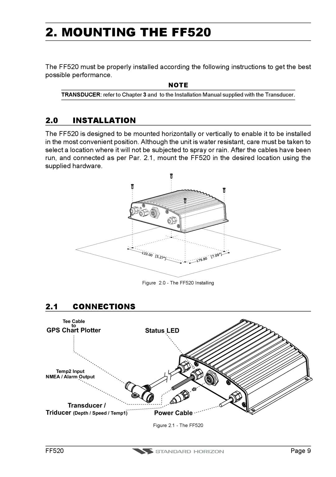 Standard Horizon Ff520 installation and operation guide Mounting the FF520, Installation, Connections 