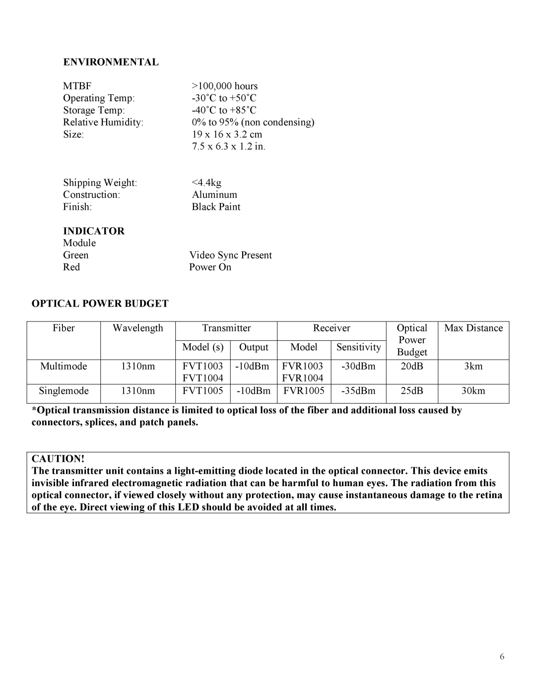 Standard Horizon FVT1000, FVR1000M technical manual Environmental Mtbf, Indicator, Optical Power Budget 