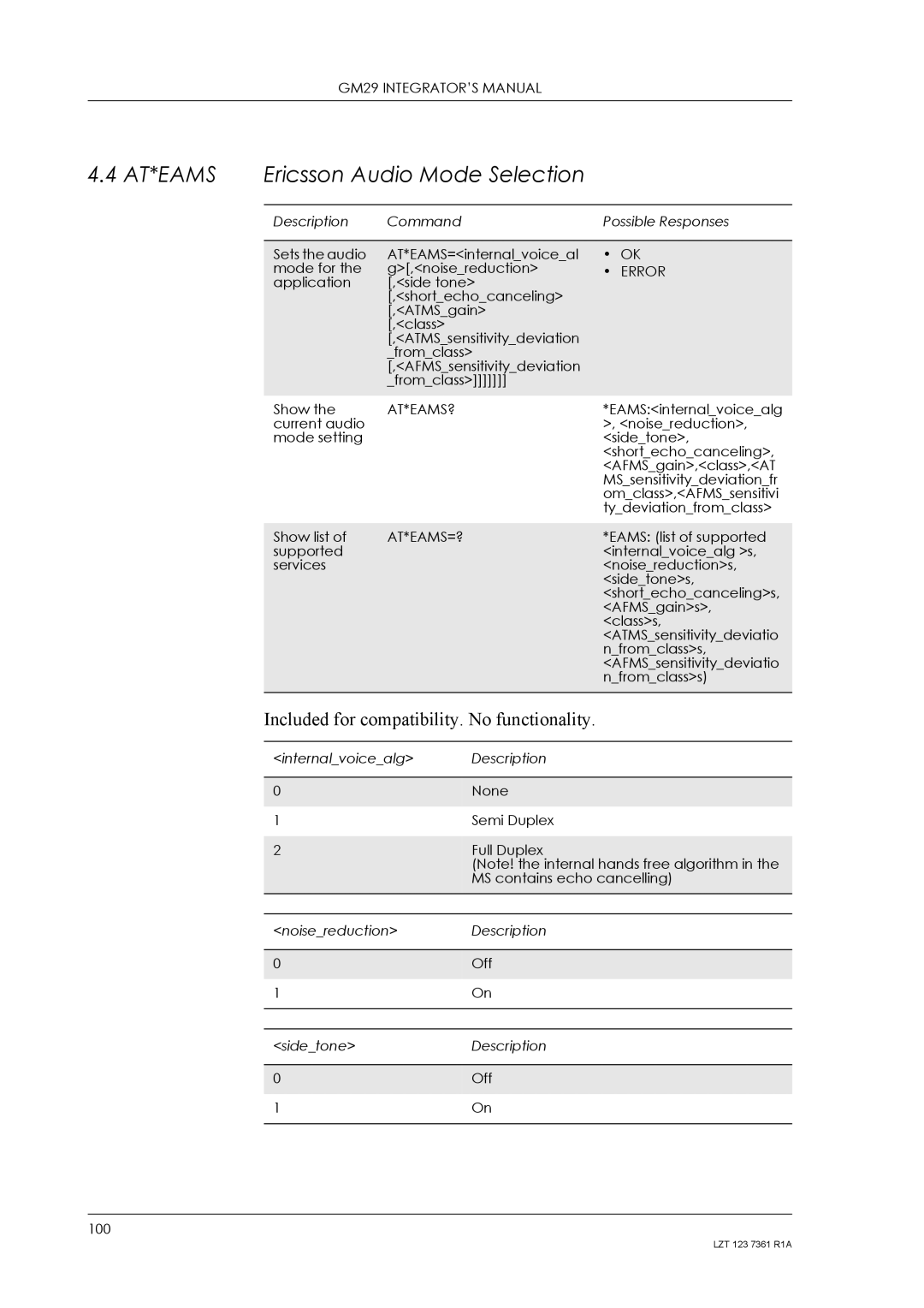 Standard Horizon GM29 manual Ericsson Audio Mode Selection, At*Eams?, At*Eams=? 