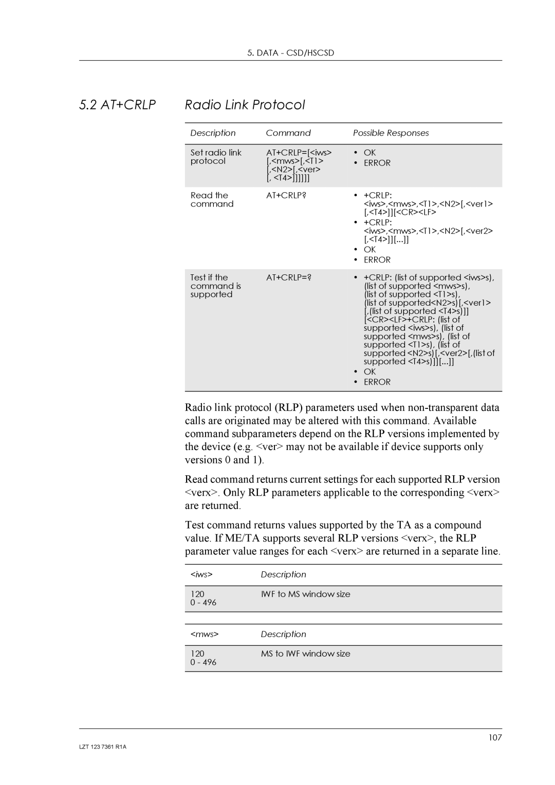 Standard Horizon GM29 manual Radio Link Protocol, At+Crlp?, At+Crlp=? 