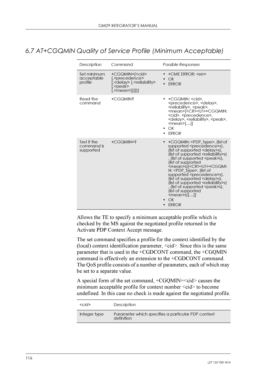 Standard Horizon GM29 manual AT+CGQMIN Quality of Service Profile Minimum Acceptable, +Cgqmin?, +Cgqmin=? 