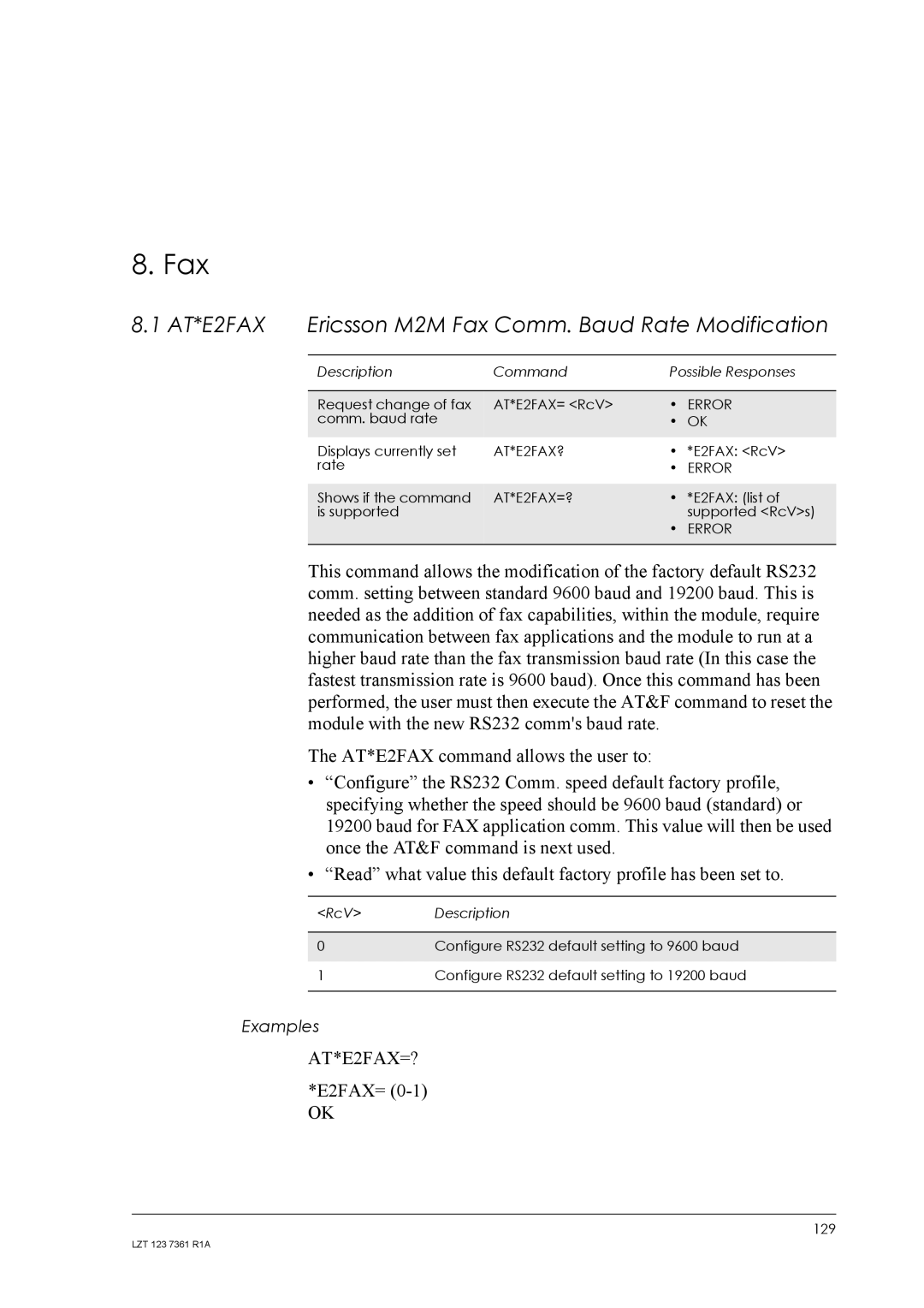 Standard Horizon GM29 manual AT*E2FAX Ericsson M2M Fax Comm. Baud Rate Modification, AT*E2FAX?, AT*E2FAX=? 