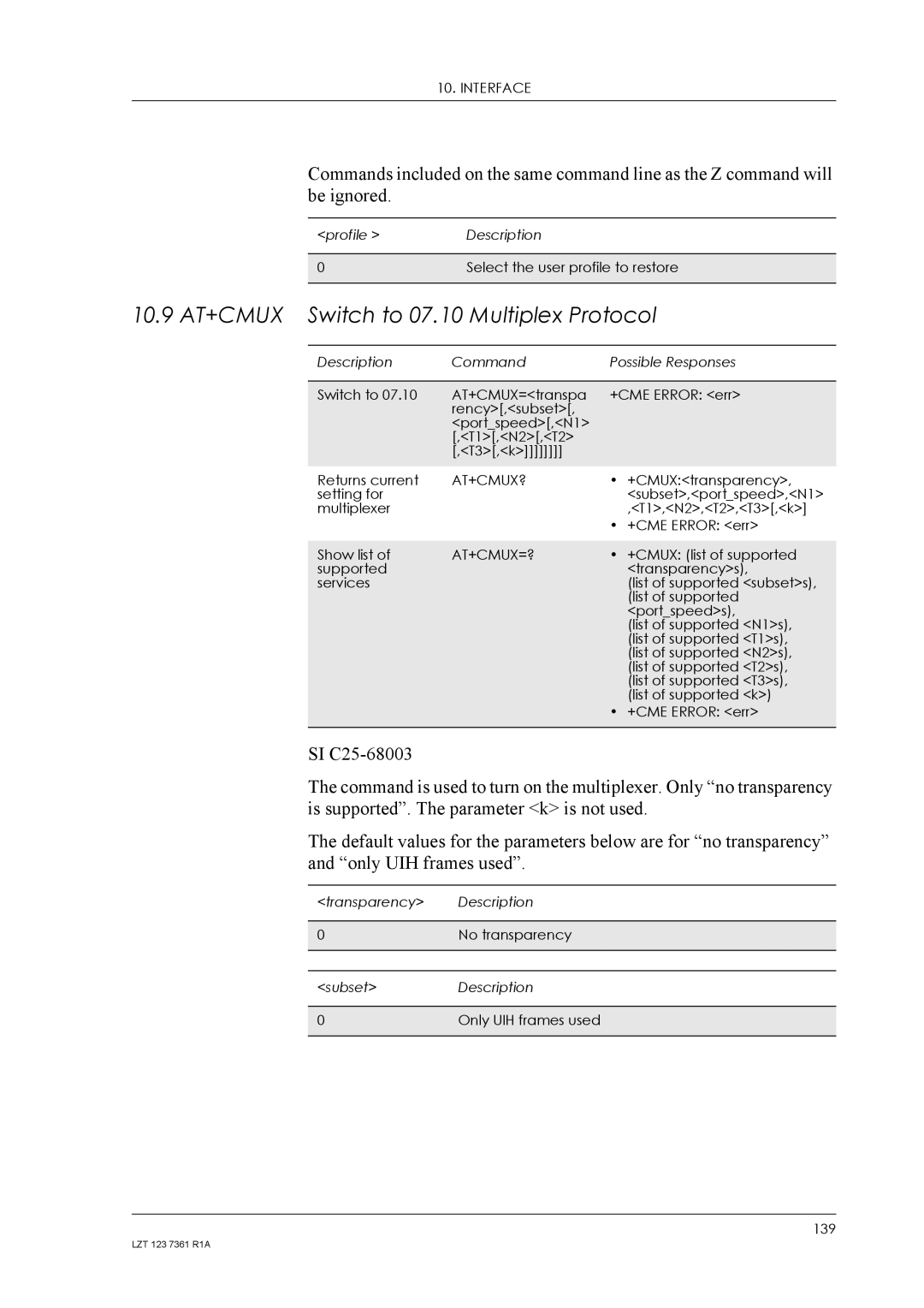 Standard Horizon GM29 manual 10.9 AT+CMUX Switch to 07.10 Multiplex Protocol, At+Cmux?, At+Cmux=? 