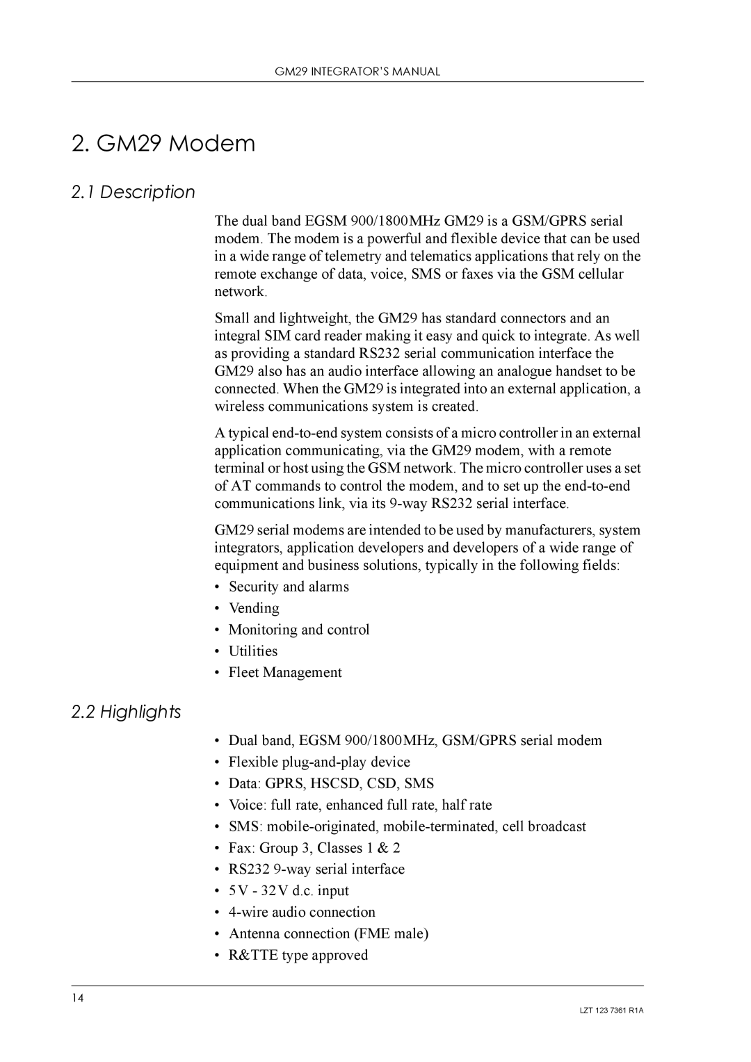 Standard Horizon manual GM29 Modem, Description, Highlights 