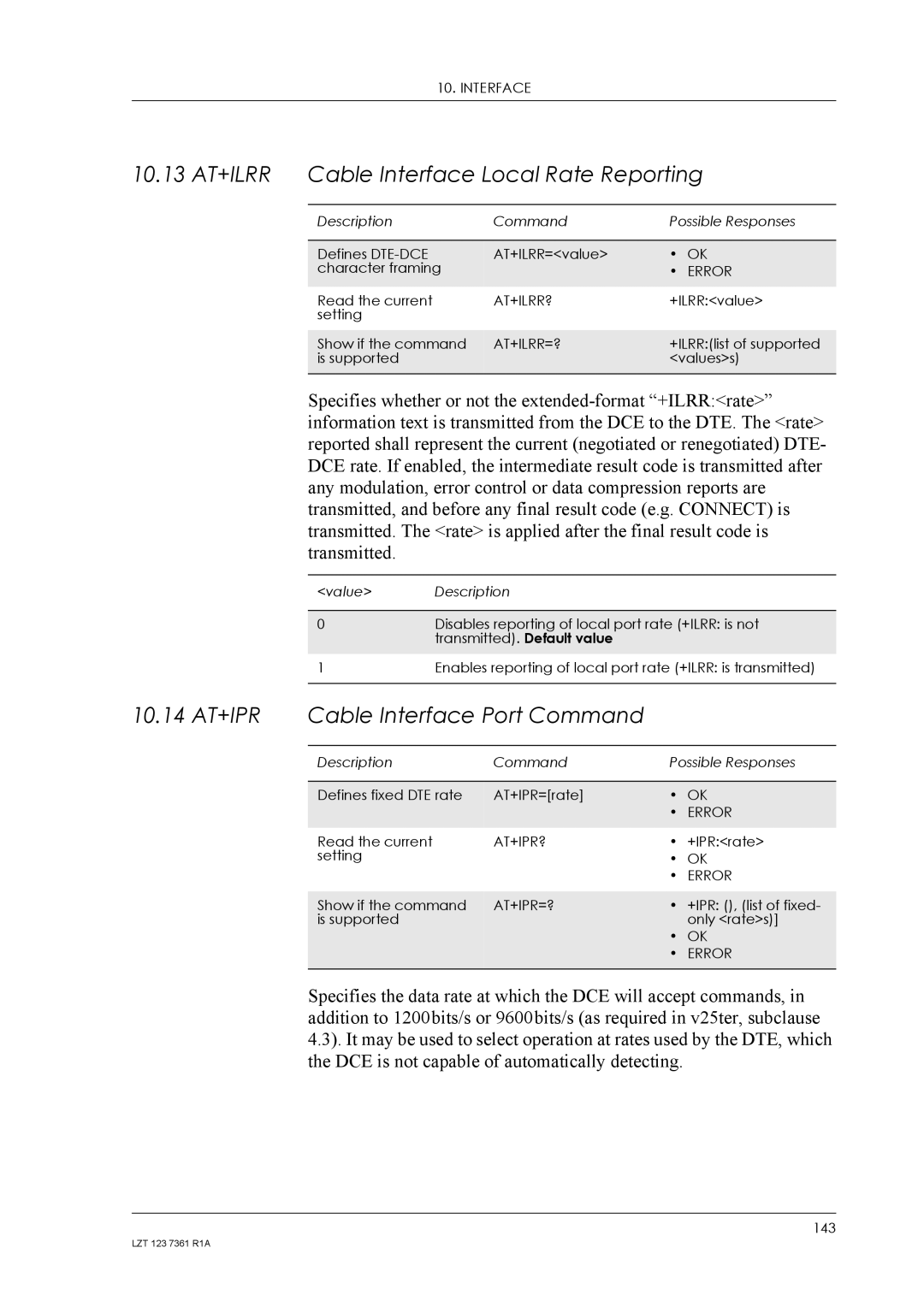 Standard Horizon GM29 manual 10.13 AT+ILRR Cable Interface Local Rate Reporting, 10.14 AT+IPR Cable Interface Port Command 