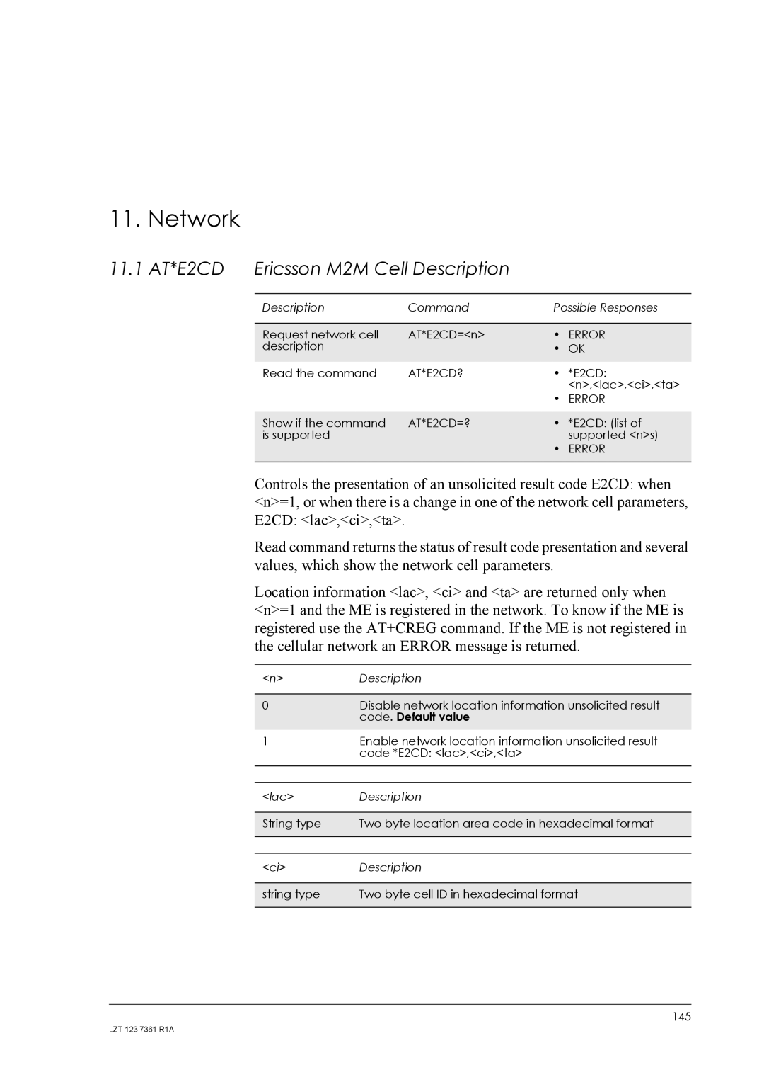 Standard Horizon GM29 manual Network, 11.1 AT*E2CD Ericsson M2M Cell Description, AT*E2CD?, AT*E2CD=? 