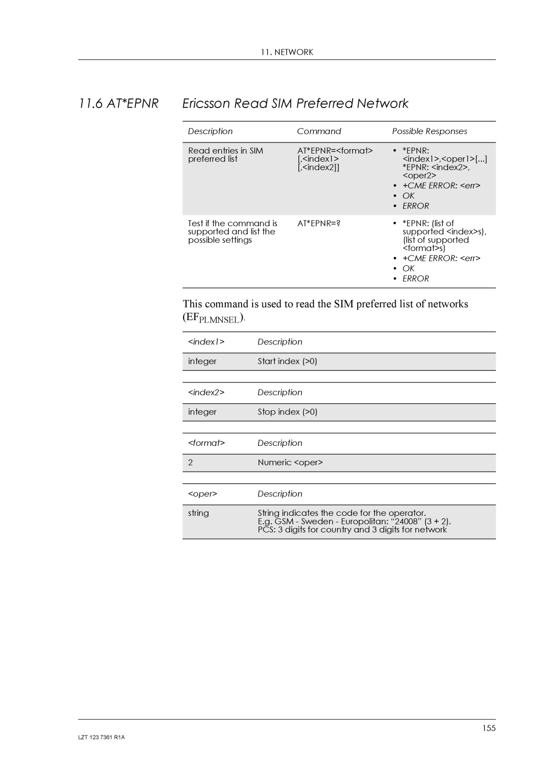 Standard Horizon GM29 manual 11.6 AT*EPNR Ericsson Read SIM Preferred Network, At*Epnr=? 