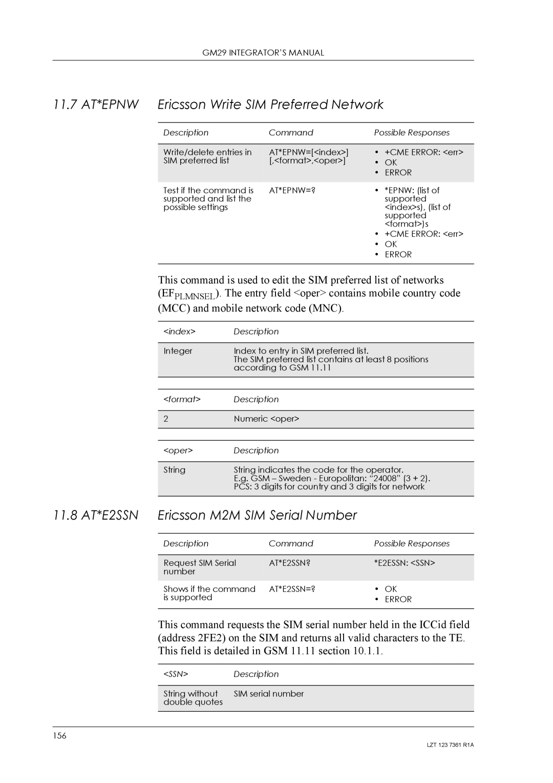 Standard Horizon GM29 manual 11.7 AT*EPNW, 11.8 AT*E2SSN Ericsson M2M SIM Serial Number 