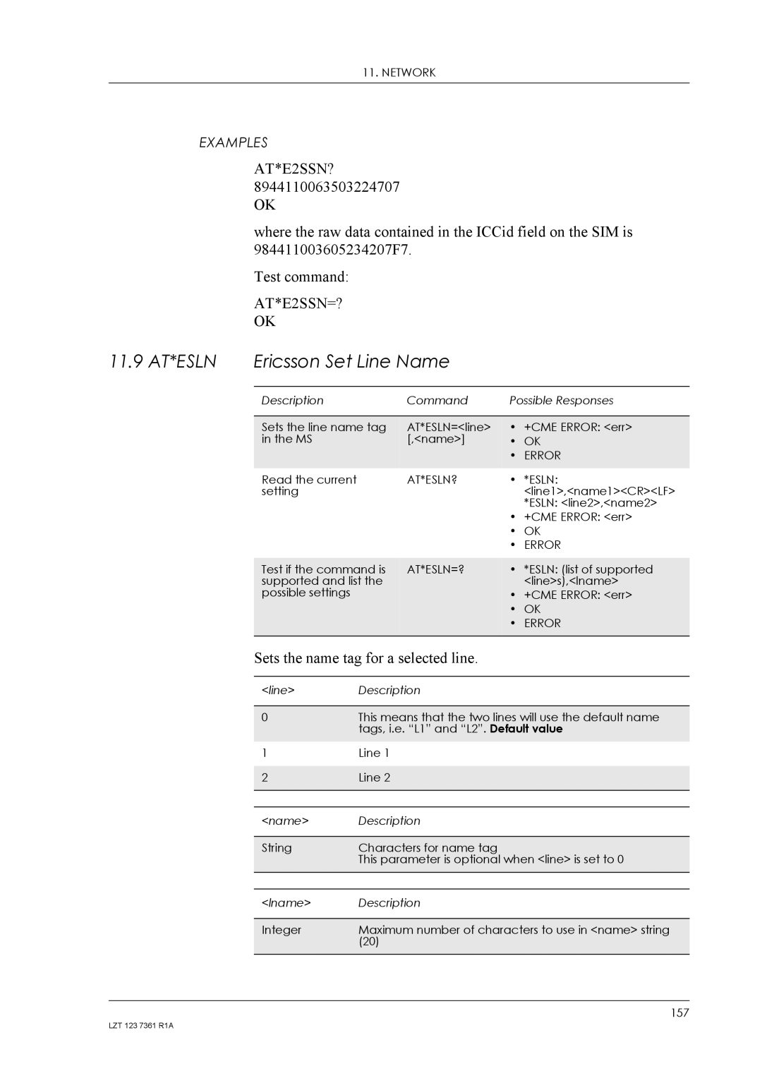 Standard Horizon GM29 manual 11.9 AT*ESLN Ericsson Set Line Name, AT*ESLN? Esln, At*Esln=? 