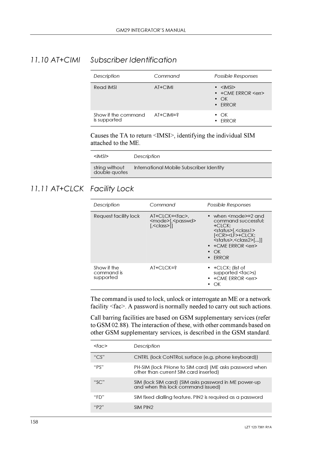 Standard Horizon GM29 manual 11.10 AT+CIMI Subscriber Identification, 11.11 AT+CLCK 