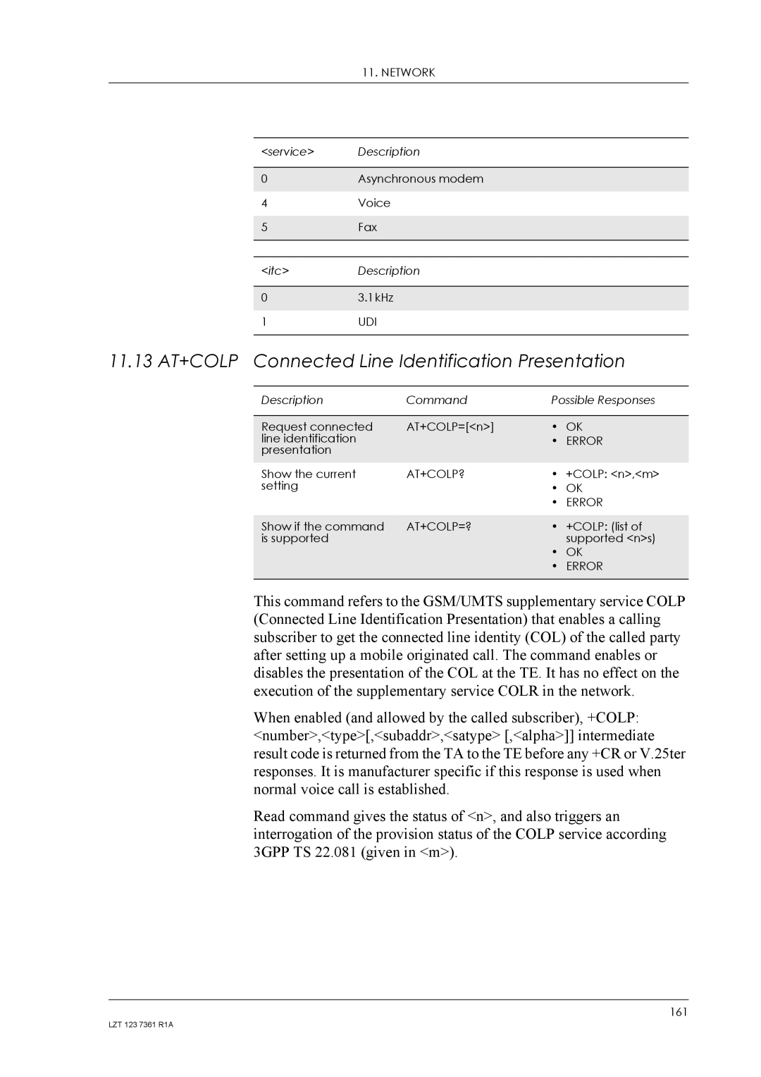 Standard Horizon GM29 manual 11.13 AT+COLP Connected Line Identification Presentation, Udi, At+Colp?, At+Colp=? 