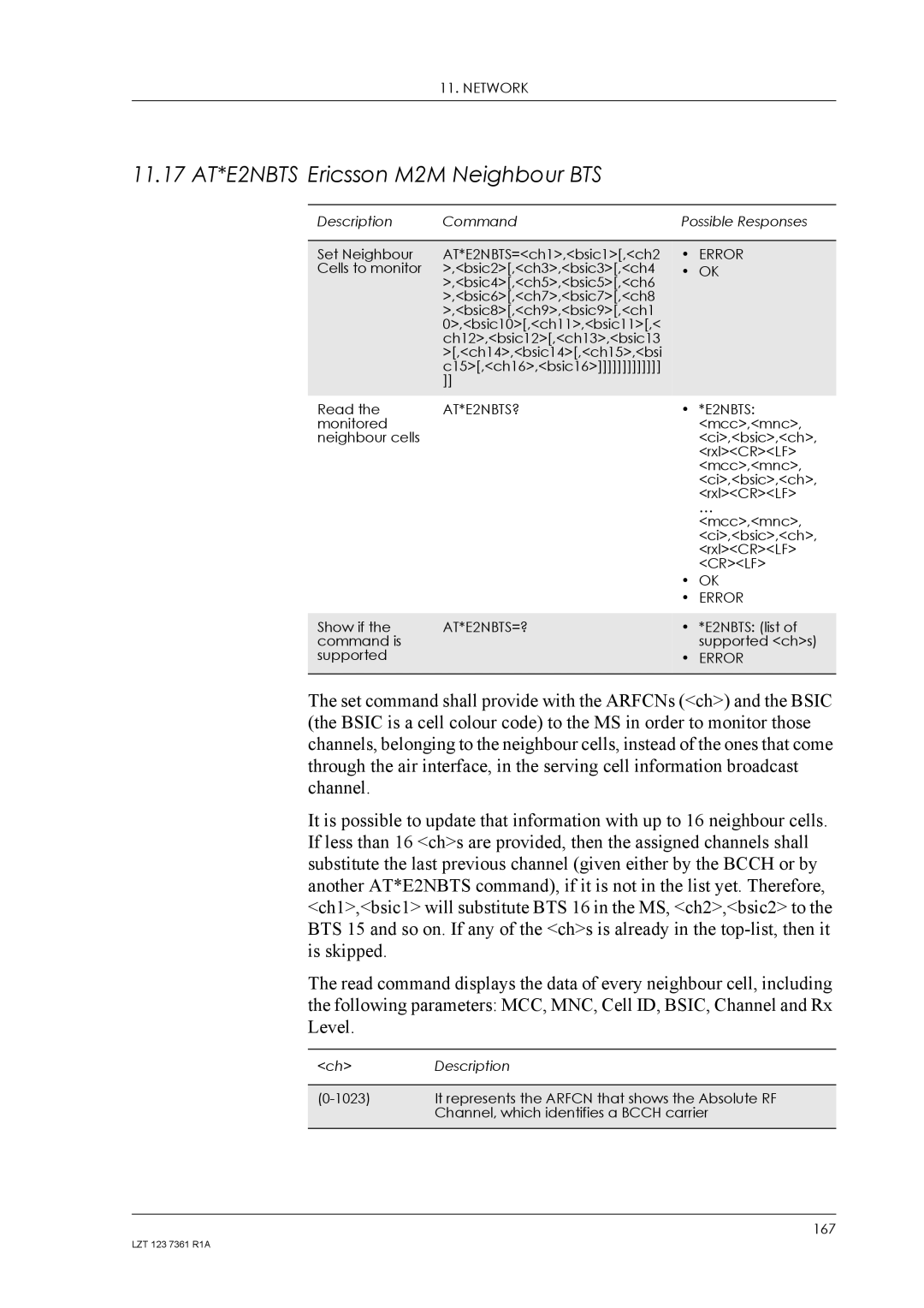 Standard Horizon GM29 manual 11.17 AT*E2NBTS Ericsson M2M Neighbour BTS, AT*E2NBTS?, AT*E2NBTS=? 