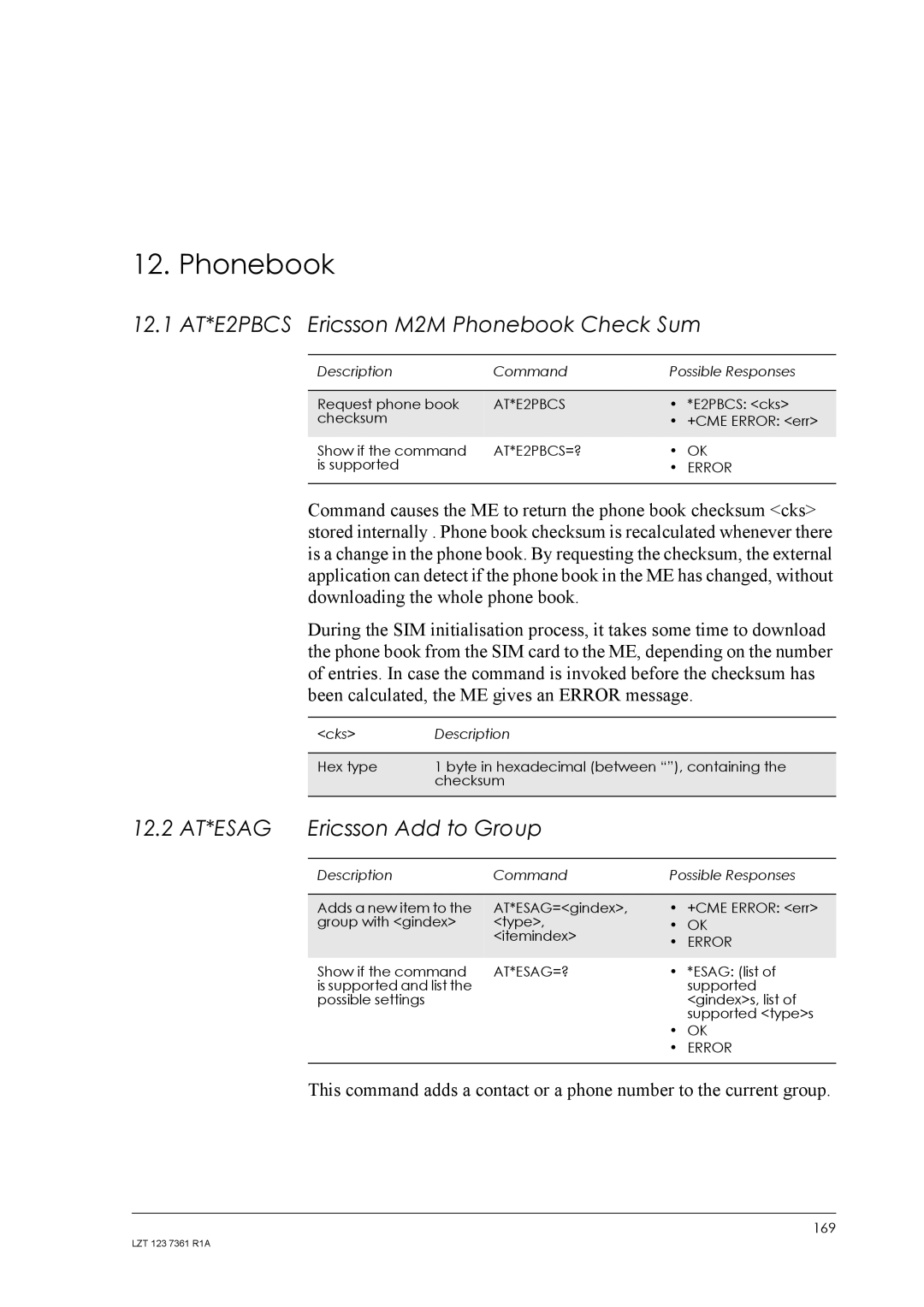 Standard Horizon GM29 manual 12.1 AT*E2PBCS Ericsson M2M Phonebook Check Sum, 12.2 AT*ESAG Ericsson Add to Group 