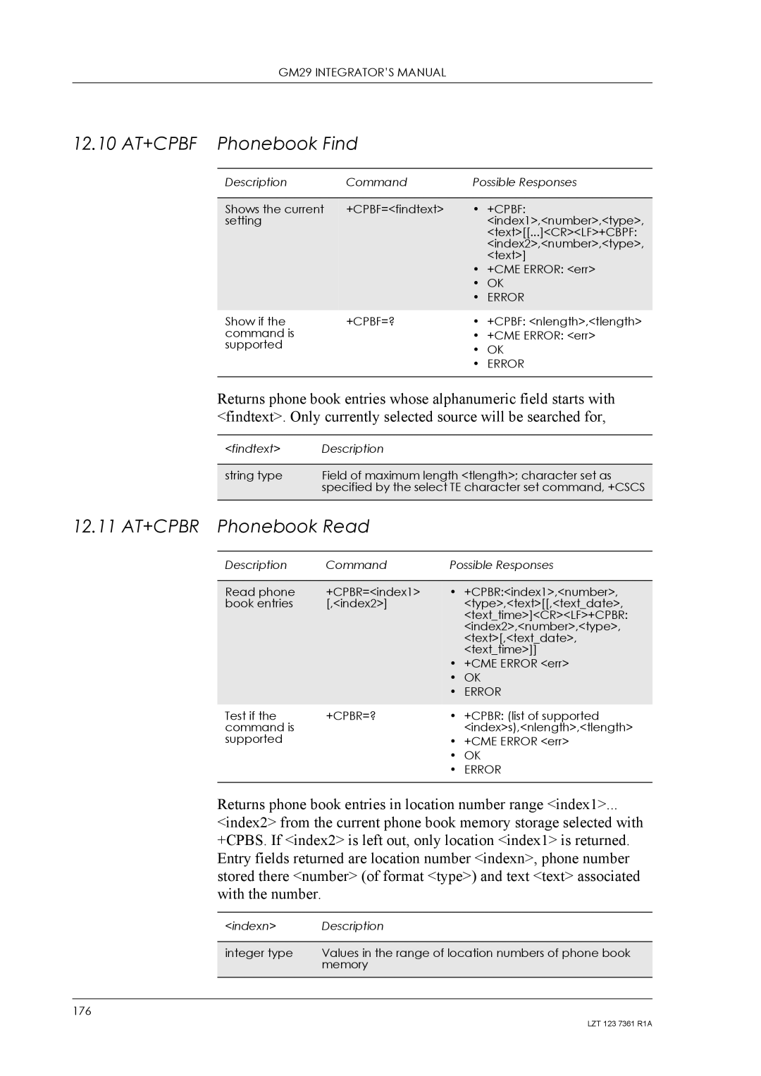 Standard Horizon GM29 manual 12.10 AT+CPBF Phonebook Find, 12.11 AT+CPBR Phonebook Read, +Cpbf=?, +Cpbr=? 