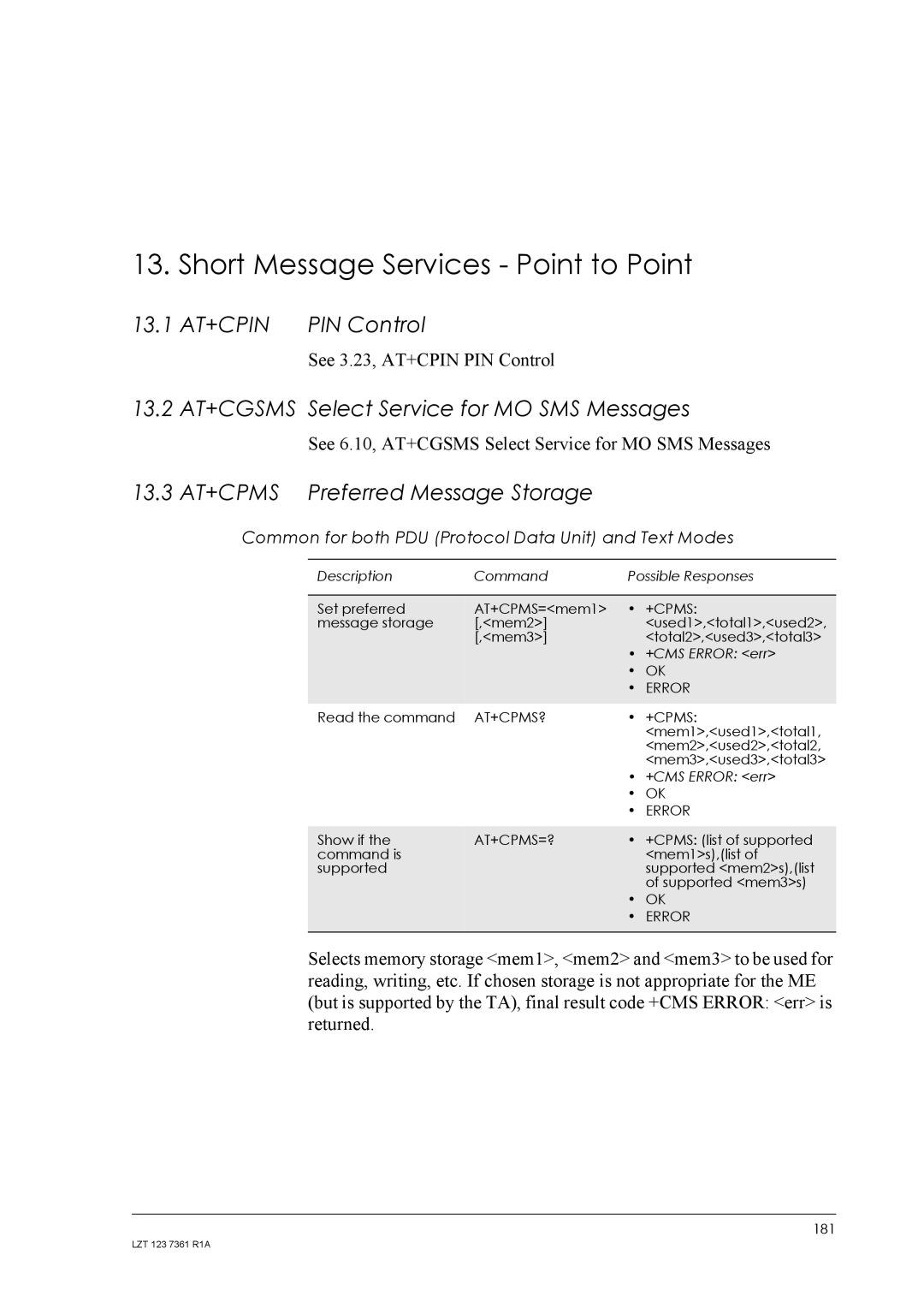 Standard Horizon GM29 manual Short Message Services Point to Point, 13.1 AT+CPIN PIN Control 