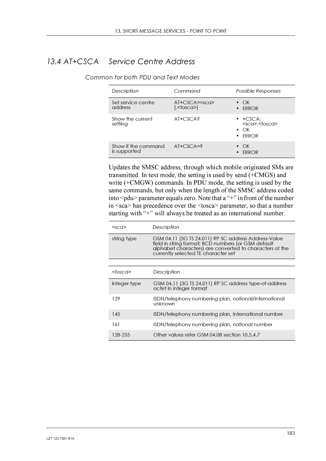 Standard Horizon GM29 manual 13.4 AT+CSCA Service Centre Address, At+Csca?, At+Csca=? 