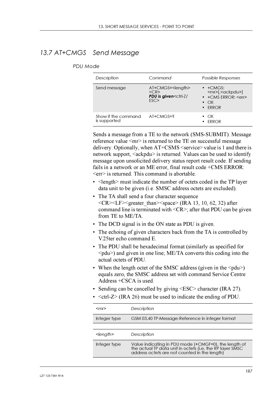 Standard Horizon GM29 manual 13.7 AT+CMGS Send Message, ESC Error, At+Cmgs=? 