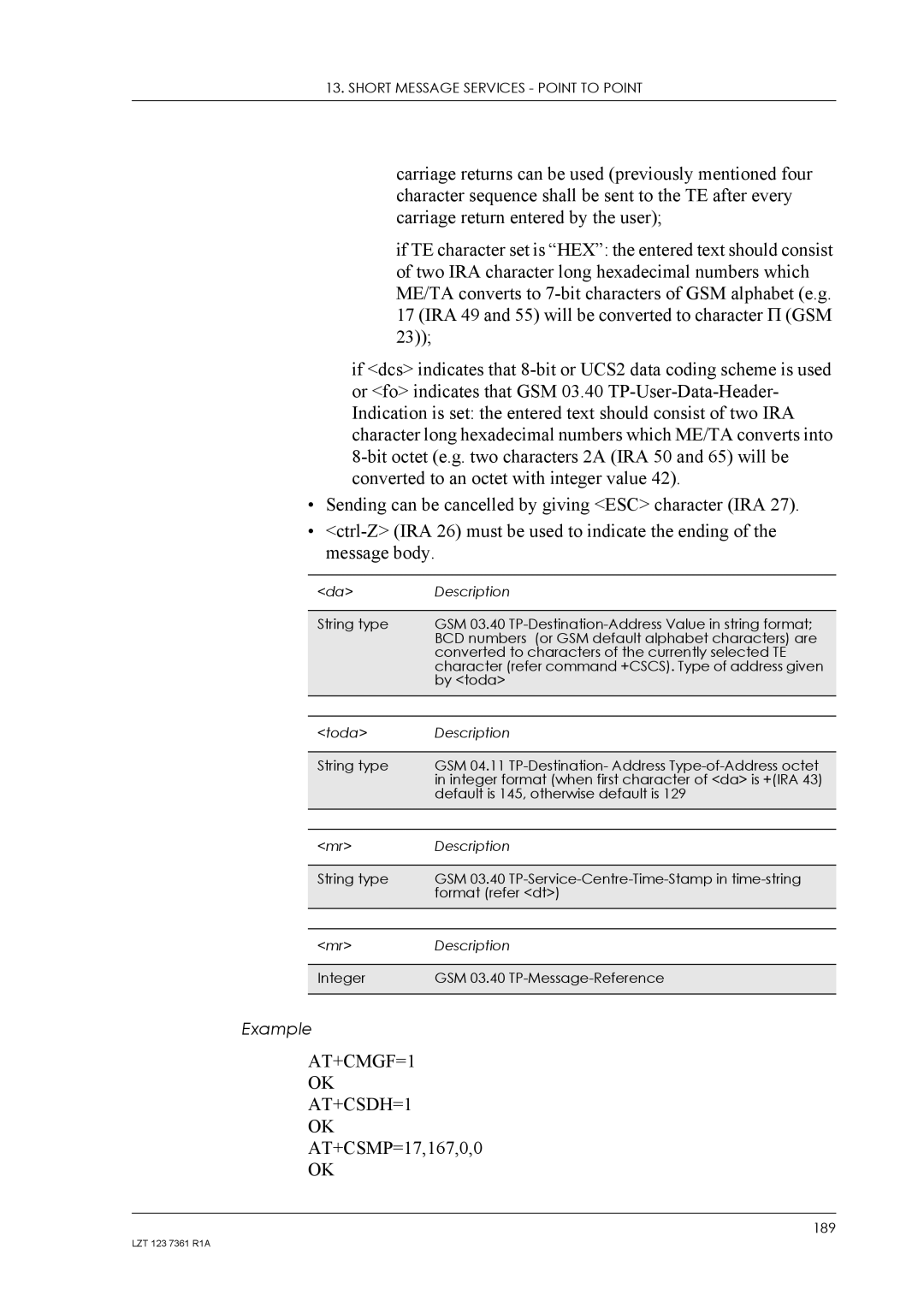 Standard Horizon GM29 manual AT+CMGF=1 AT+CSDH=1 